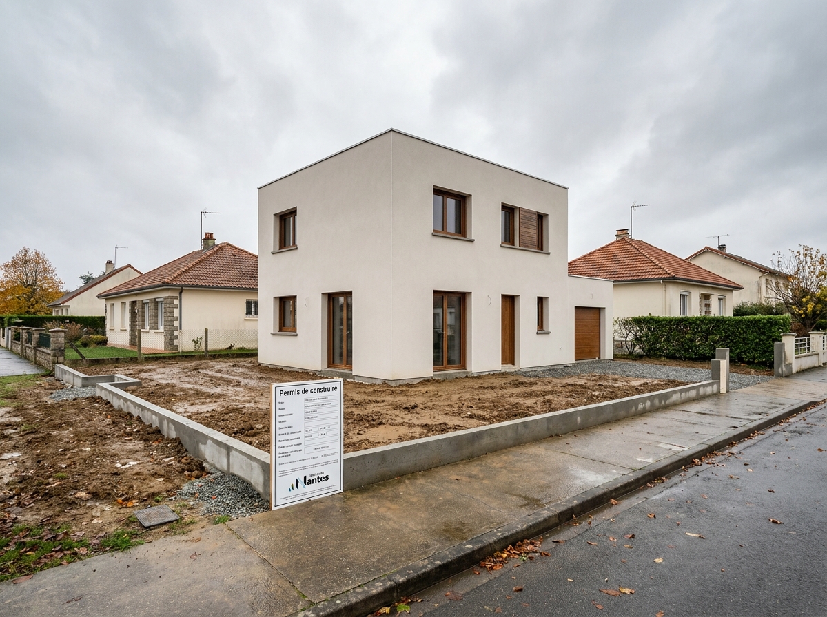 Maison individuelle neuve avec panneau de permis de construire visible sur un terrain aménagé dans la métropole nantaise