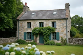 Maison en pierre de granit bretonne avec grand terrain herbeux et arbres matures, vue d'ensemble en campagne bretonne