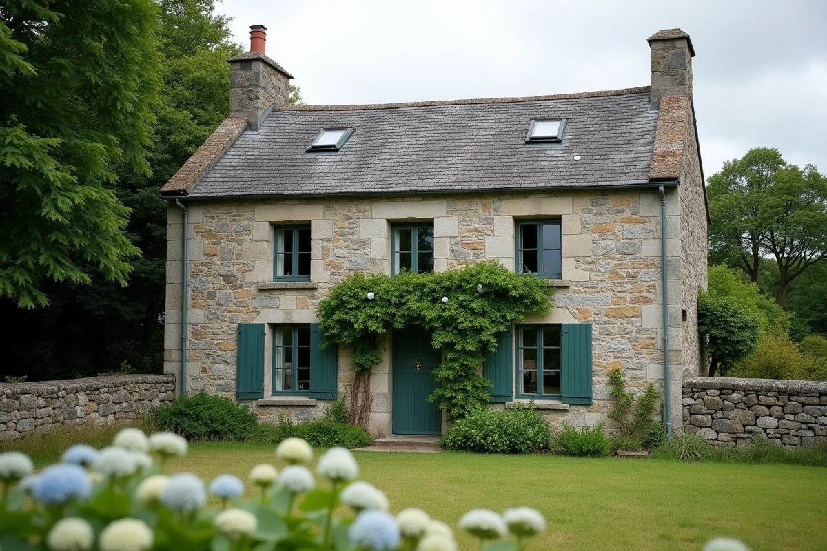 Maison en pierre de granit bretonne avec grand terrain herbeux et arbres matures, vue d'ensemble en campagne bretonne