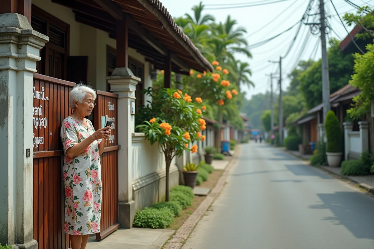 Femme retraitée consultant son téléphone devant une maison à vendre dans un quartier résidentiel thaïlandais abordable