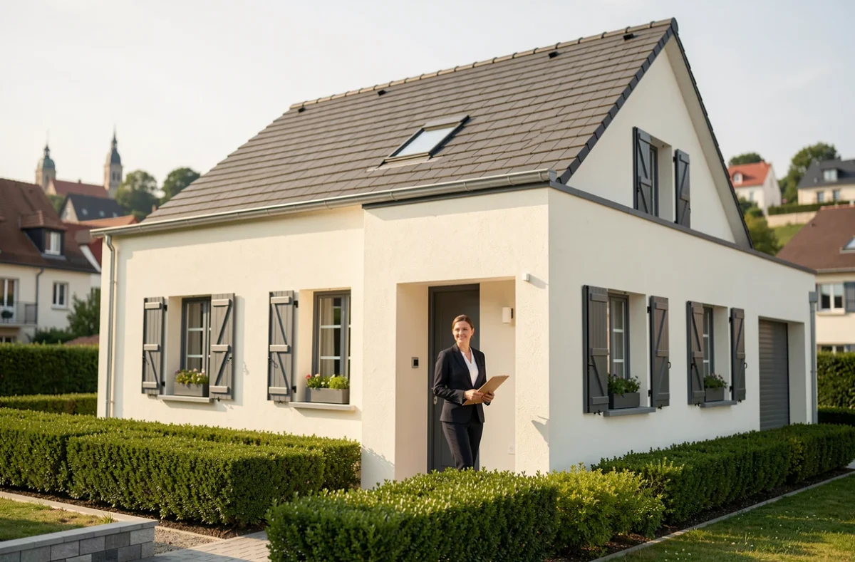 Maison individuelle moderne dans le secteur mulhousien construite par Maisons Auguste, avec façade en enduit blanc et volets anthracite