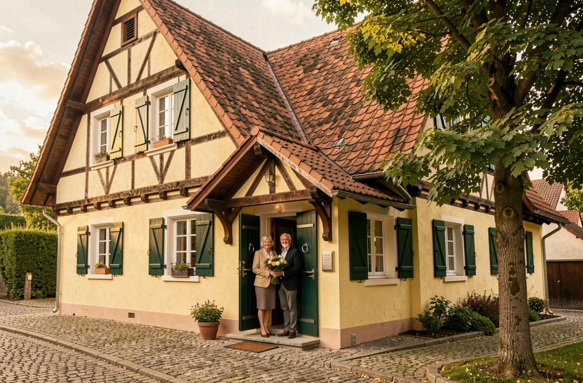 Maison traditionnelle alsacienne à colombages décoratifs et volets verts construite par Maisons Batilor dans le Haut-Rhin, avec couple senior à l'entrée