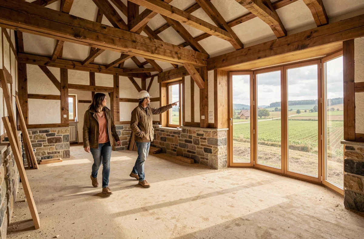 Maison sur mesure en cours de construction près d'Ensisheim-Rouffach avec parement en pierre naturelle et ossature bois, réalisée par Maisons Begi