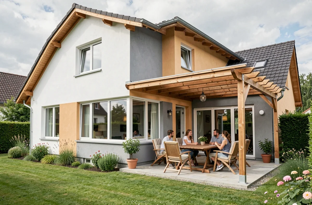 Maison personnalisable en Alsace avec façade bicolore et pergola en bois sur mesure, construite par Maisons Crisalis, avec famille sur la terrasse