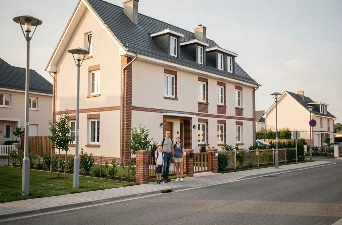 Maison individuelle Maisons France Confort dans un lotissement du Grand Est avec famille devant la façade en enduit clair et briques rouges