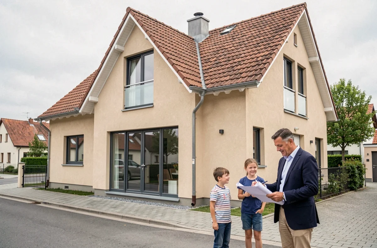Architecte et famille devant une maison individuelle polyvalente construite par Maisons Stéphane Berger dans le Haut-Rhin