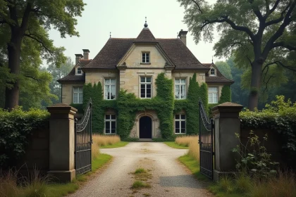 Manoir français abandonné avec façade en pierre dégradée, volets brisés et jardin envahi par la végétation, vendu à prix symbolique