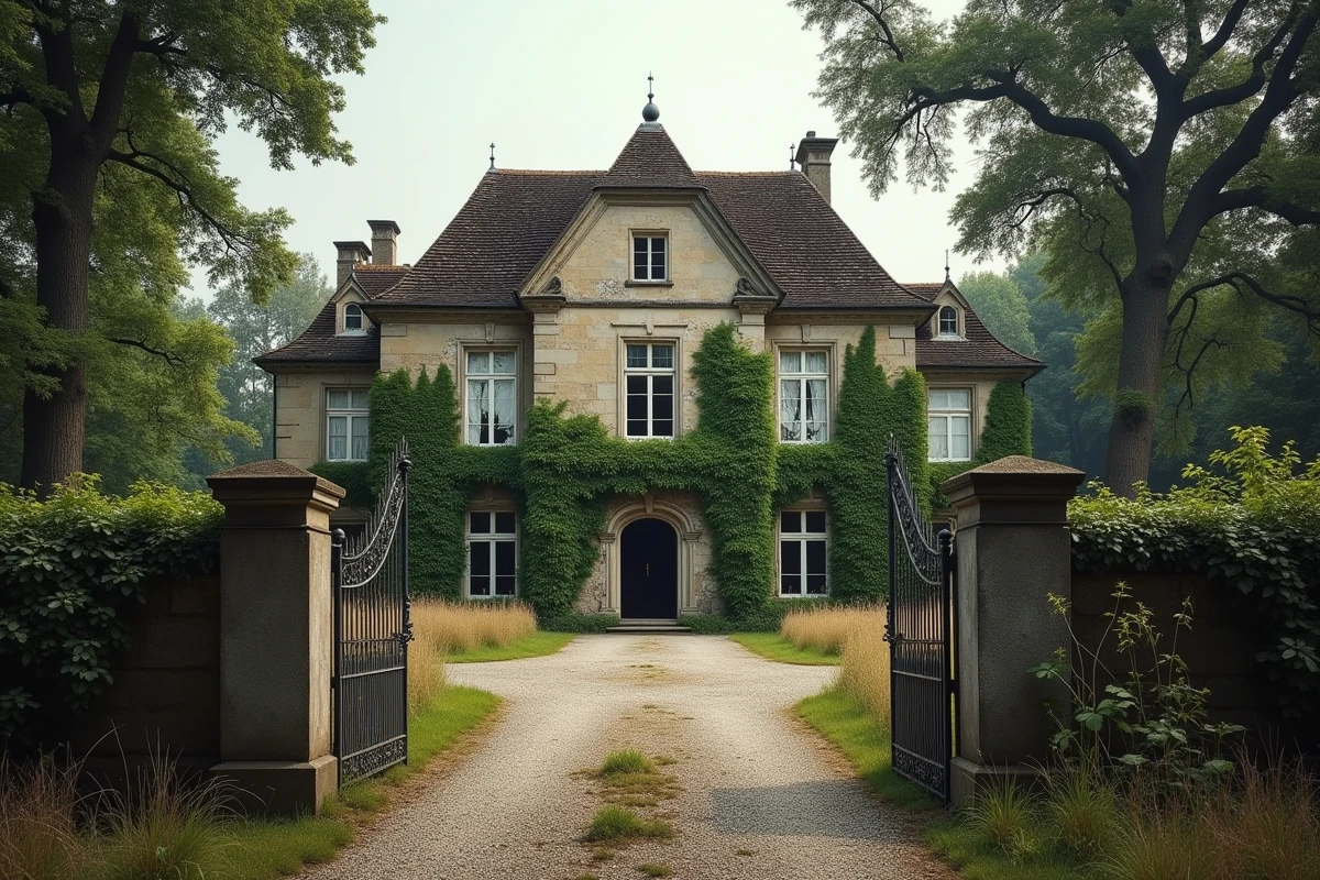 Manoir français abandonné avec façade en pierre dégradée, volets brisés et jardin envahi par la végétation, vendu à prix symbolique