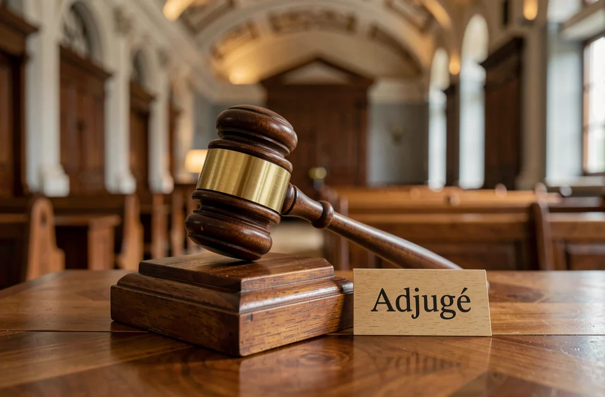 Marteau d'adjudication sur un pupitre dans une salle de vente aux enchères immobilières française