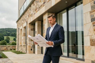 Architecte professionnel devant un bâtiment moderne dans la Loire, illustrant le classement des meilleurs architectes de la région