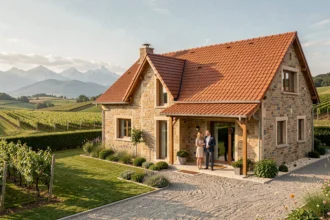 Couple devant une maison individuelle neuve en Alsace avec les Vosges en arrière-plan, représentant les constructeurs de maisons dans le Haut-Rhin