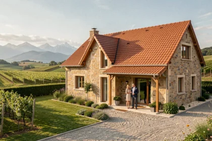 Couple devant une maison individuelle neuve en Alsace avec les Vosges en arrière-plan, représentant les constructeurs de maisons dans le Haut-Rhin
