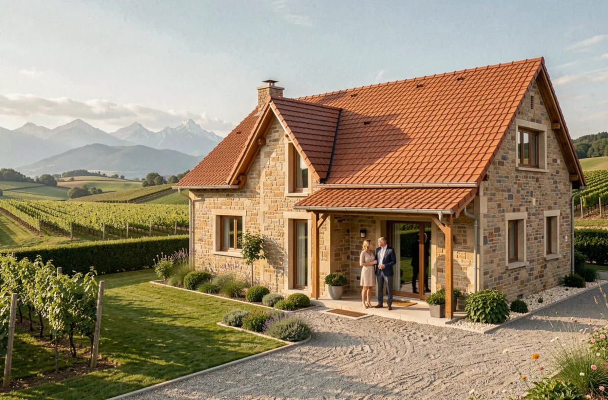 Couple devant une maison individuelle neuve en Alsace avec les Vosges en arrière-plan, représentant les constructeurs de maisons dans le Haut-Rhin