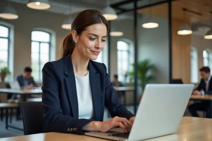 Professionnelle utilisant la messagerie CONVERGENCE sur son ordinateur portable dans un bureau moderne de Toulouse