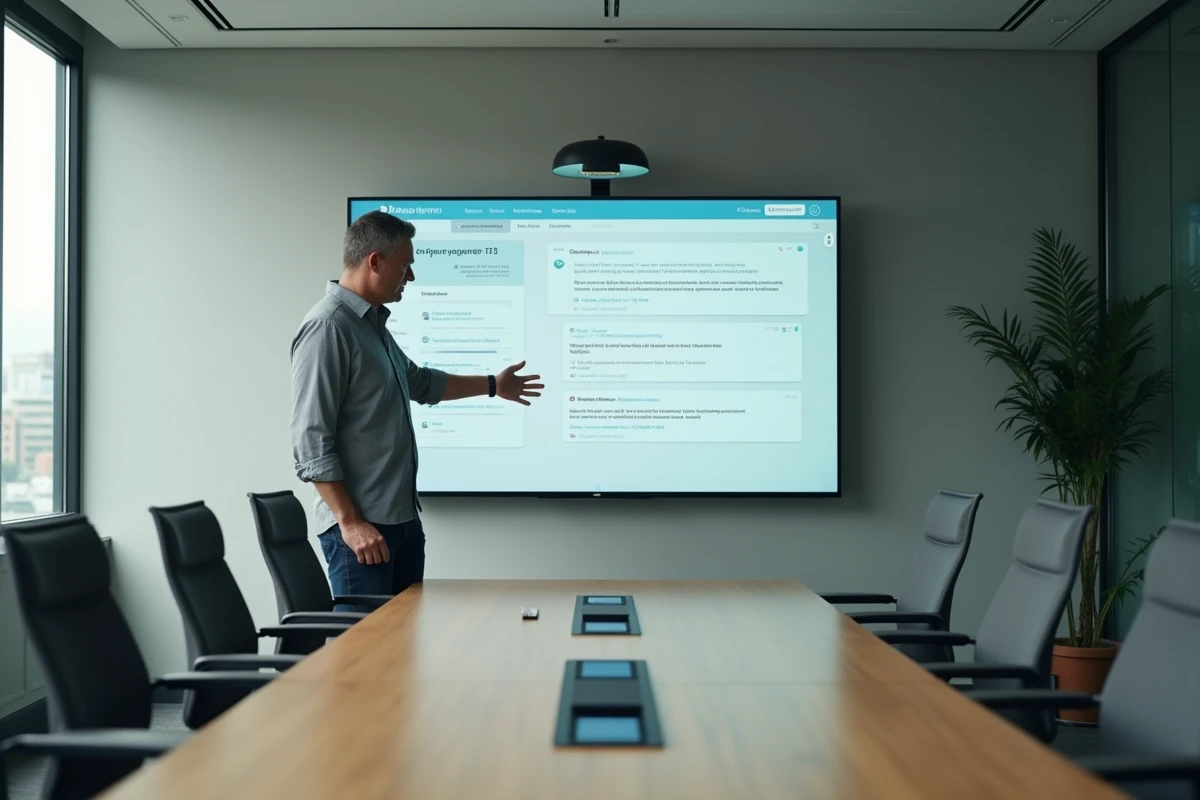 Technicien informatique présentant un tableau de bord de messagerie CONVERGENCE dans une salle de réunion à Toulouse