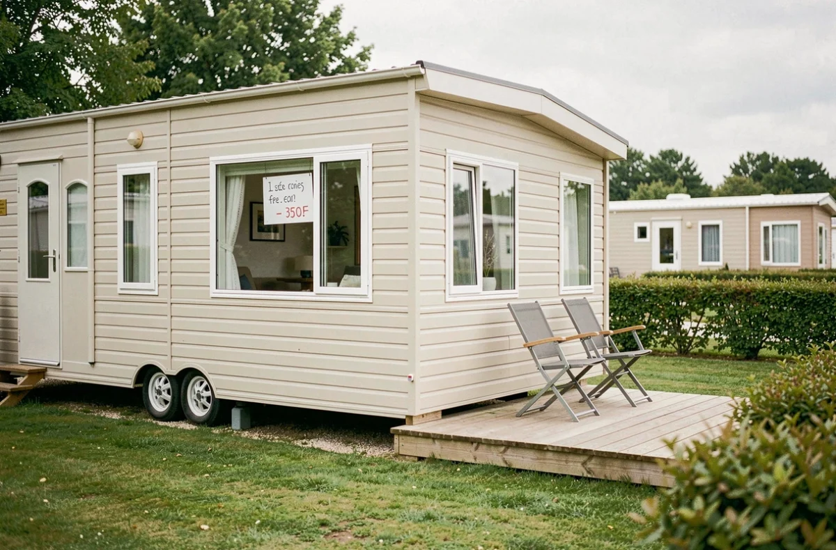 Mobil-home en vente sur un emplacement de camping avec terrasse et étiquette de prix