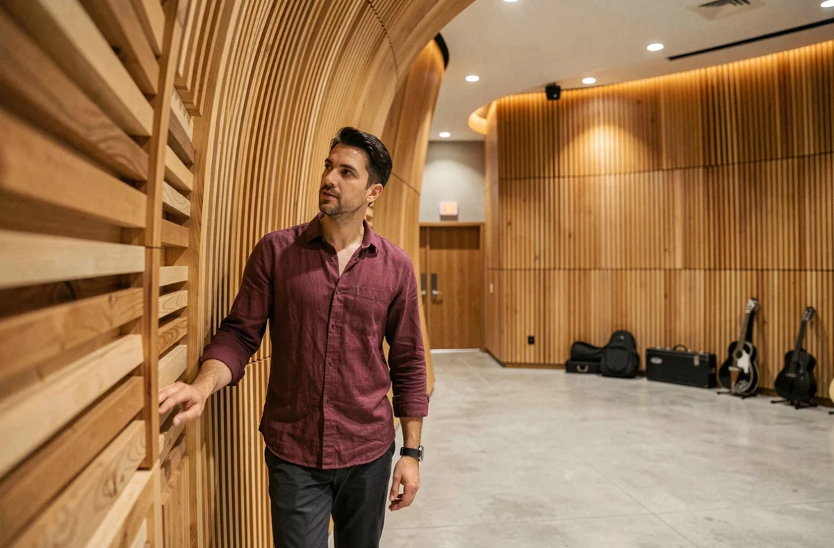 Architecte de Music'Archi examinant des panneaux acoustiques en bois dans un espace culturel musical dédié