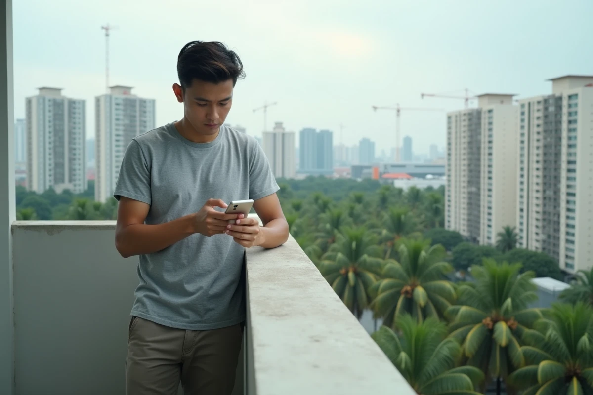 Homme sur le balcon d'un condo en hauteur à Bangkok avec panorama urbain et végétation tropicale
