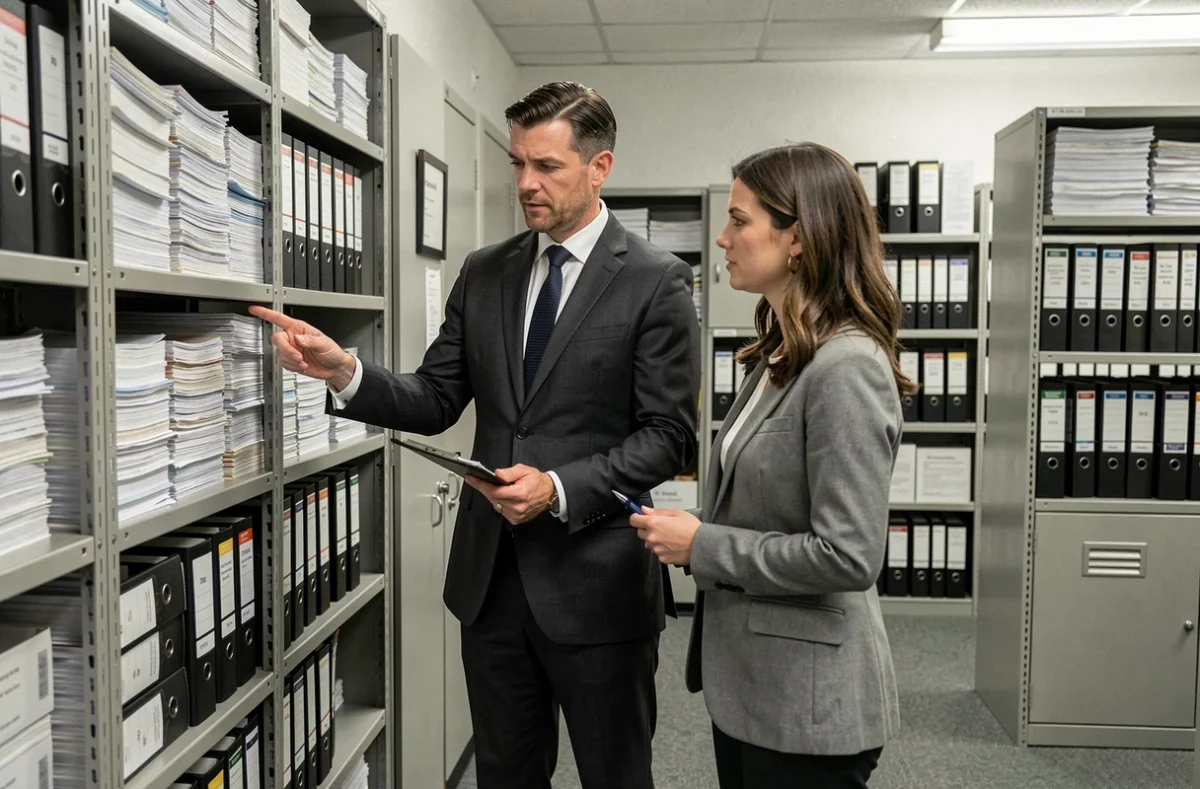 Notaire et copropriétaire consultant des registres de copropriété dans une salle d'archives professionnelle