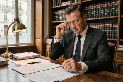 Notaire en costume examinant des documents d'adjudication immobilière dans un bureau traditionnel