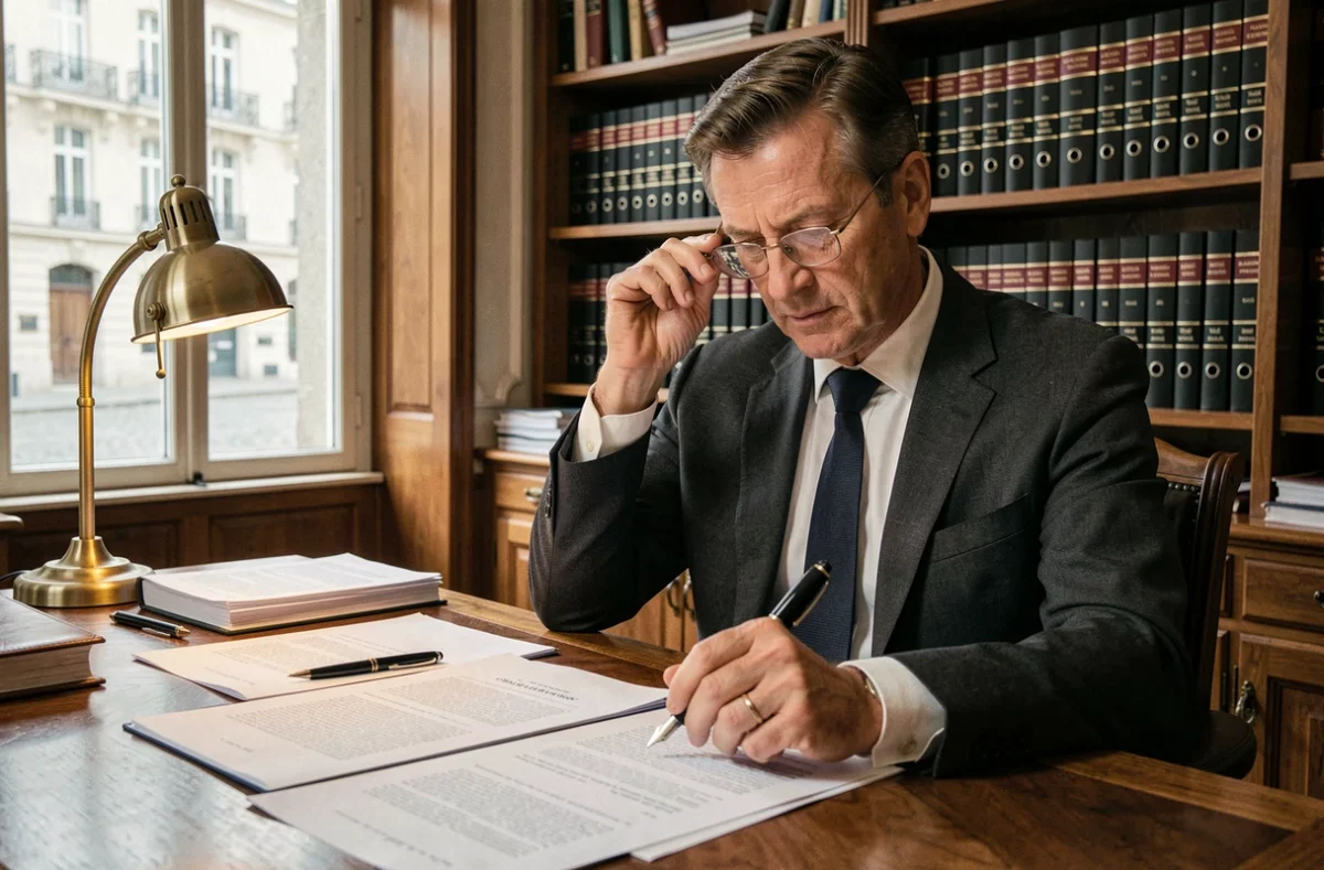 Notaire en costume examinant des documents d'adjudication immobilière dans un bureau traditionnel