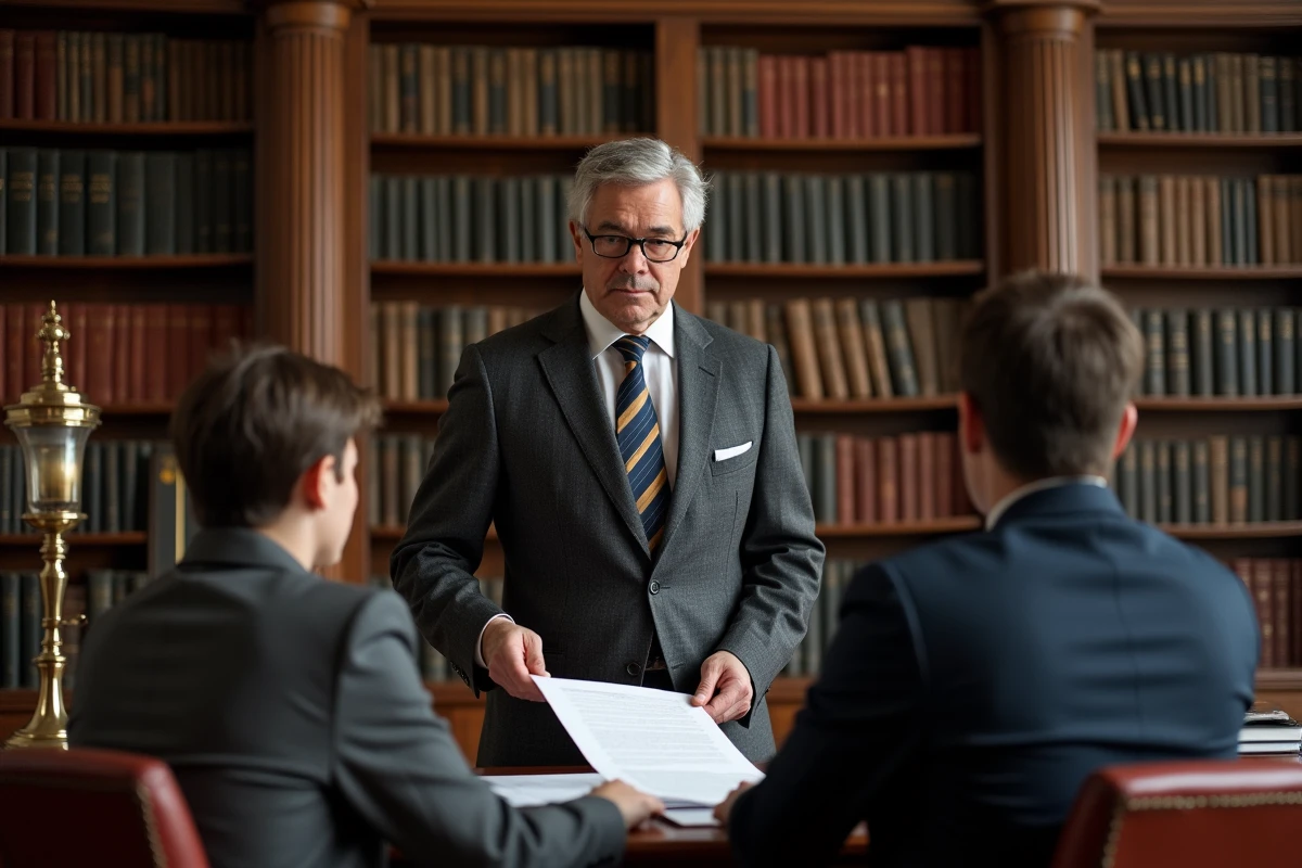 Notaire expliquant les honoraires et frais de vente immobilière à un couple dans un office notarial traditionnel français, contexte loi Alur