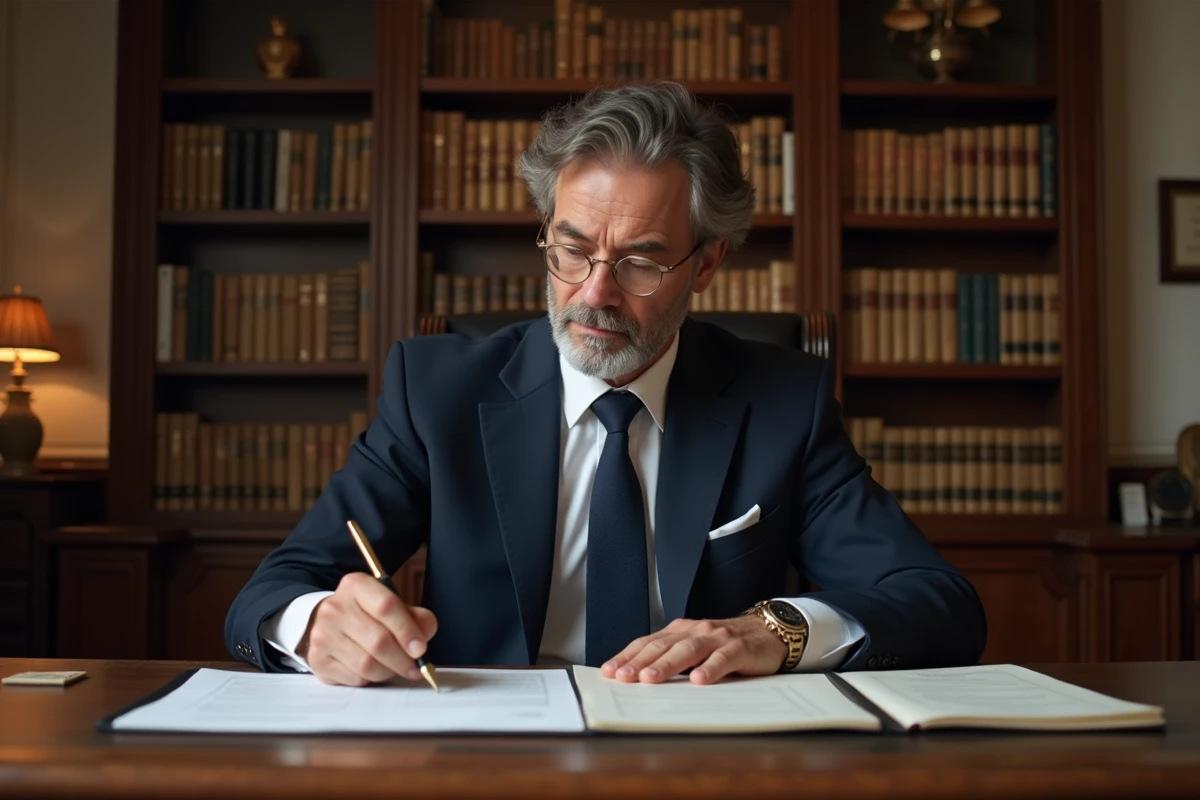 Notaire à Limoges consultant un document officiel dans son étude