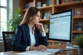 Notaire utilisant un logiciel ERP immobilier sur ordinateur dans un bureau professionnel moderne