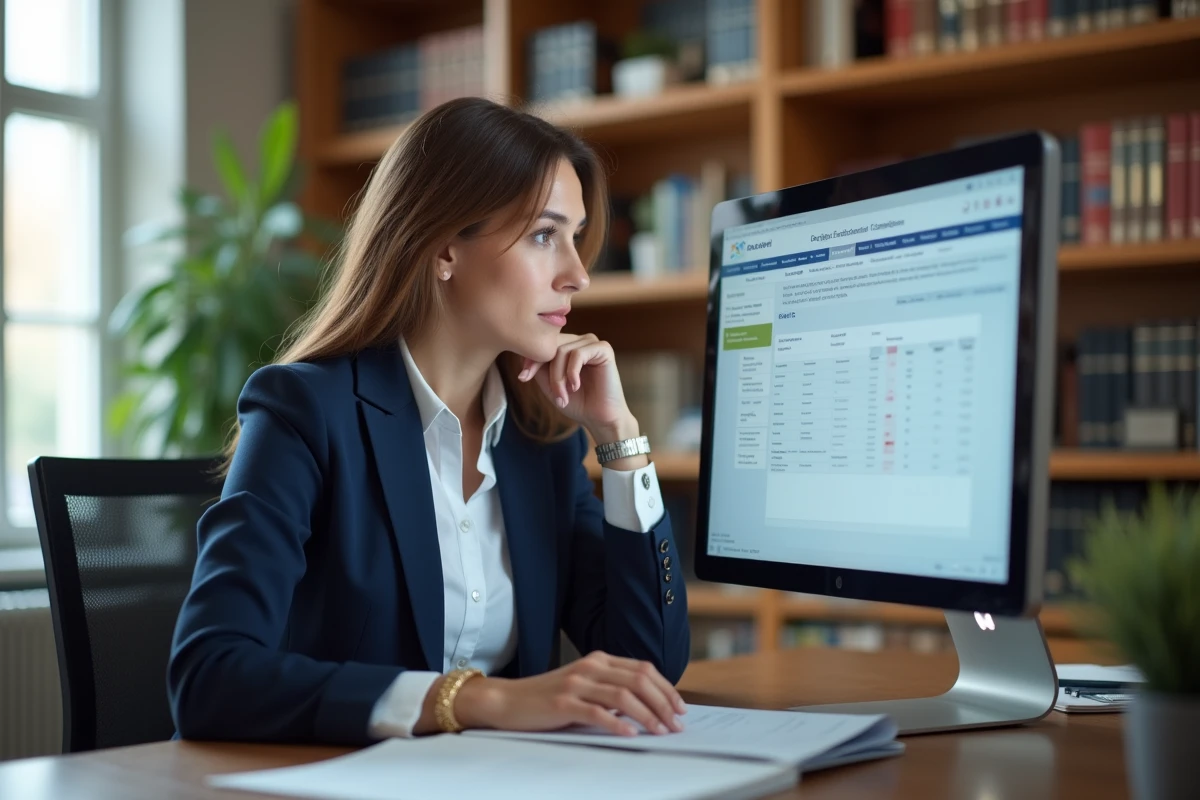 Notaire utilisant un logiciel ERP immobilier sur ordinateur dans un bureau professionnel moderne
