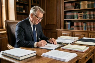 Notaire en costume marine examinant un registre de copropriété dans son étude traditionnelle
