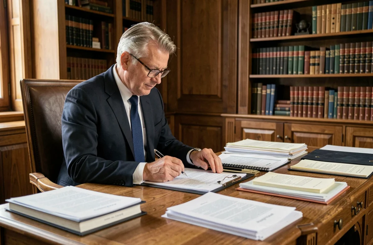 Notaire en costume marine examinant un registre de copropriété dans son étude traditionnelle