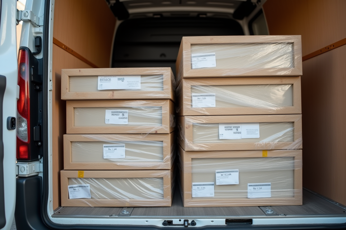 Plusieurs œuvres emballées rangées dans un camion de déménagement