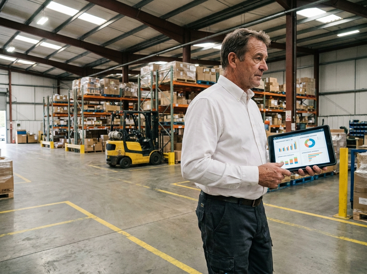 Responsable opérationnel inspectant les actifs industriels avec un tableau de bord de gestion des charges d'exploitation