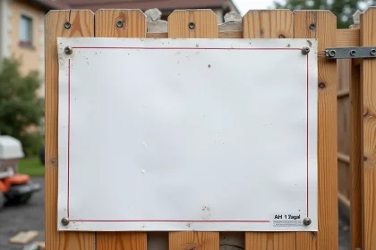 Panneau de déclaration préalable de travaux affiché sur une clôture de chantier résidentiel avec texte administratif officiel visible