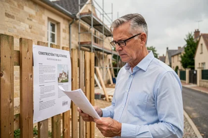 Propriétaire examinant un panneau de déclaration de travaux affiché sur une clôture de chantier résidentiel