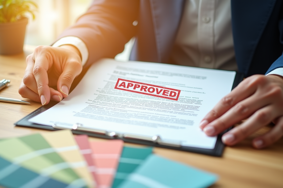 Mains tenant un papier approuve avec outils de renovation