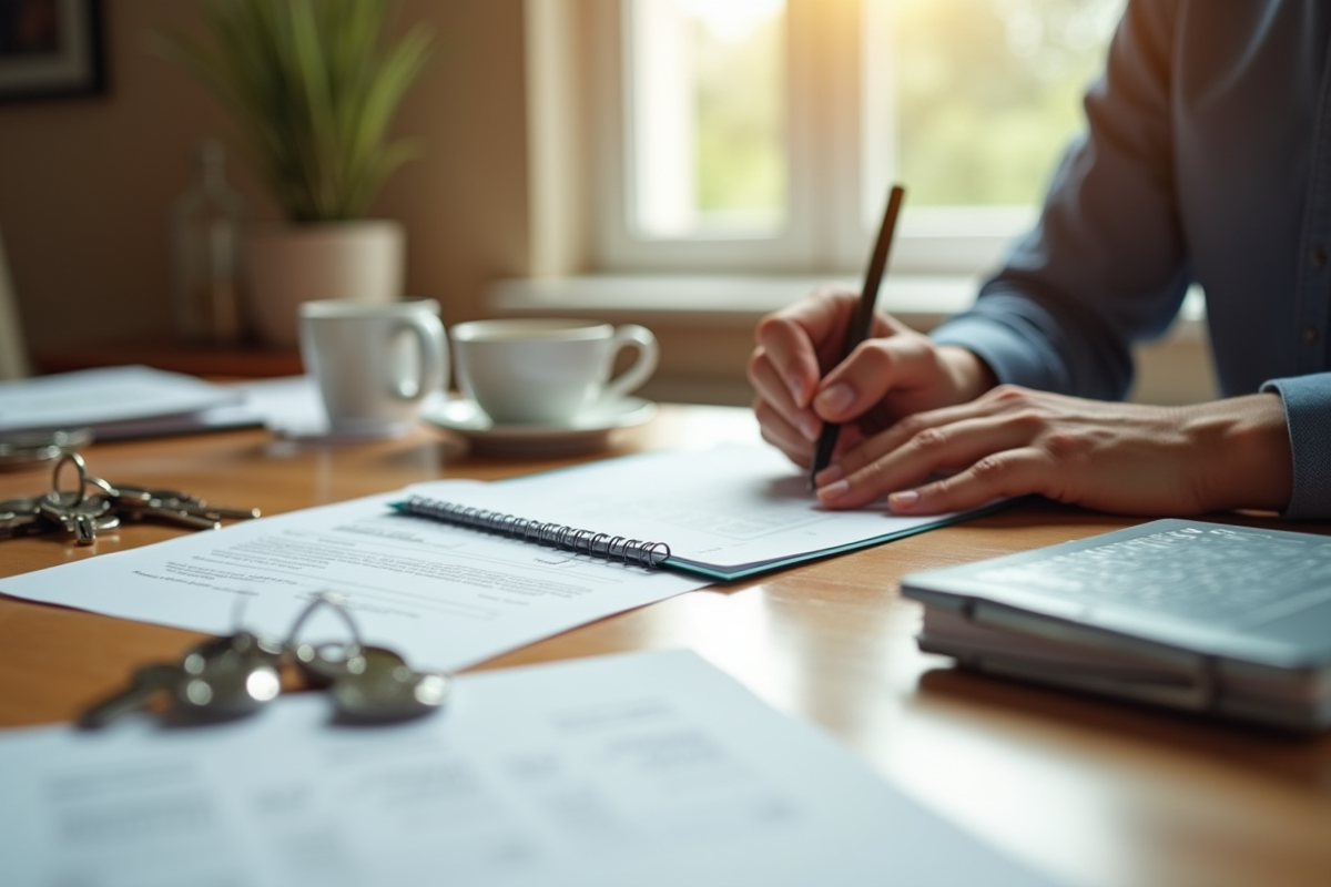 Personne remplissant papiers de déménagement à une table en bois