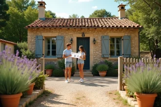 Couple devant une petite maison avec jardin à louer dans les Pyrénées-Orientales