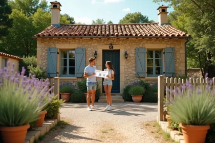 Couple devant une petite maison avec jardin à louer dans les Pyrénées-Orientales