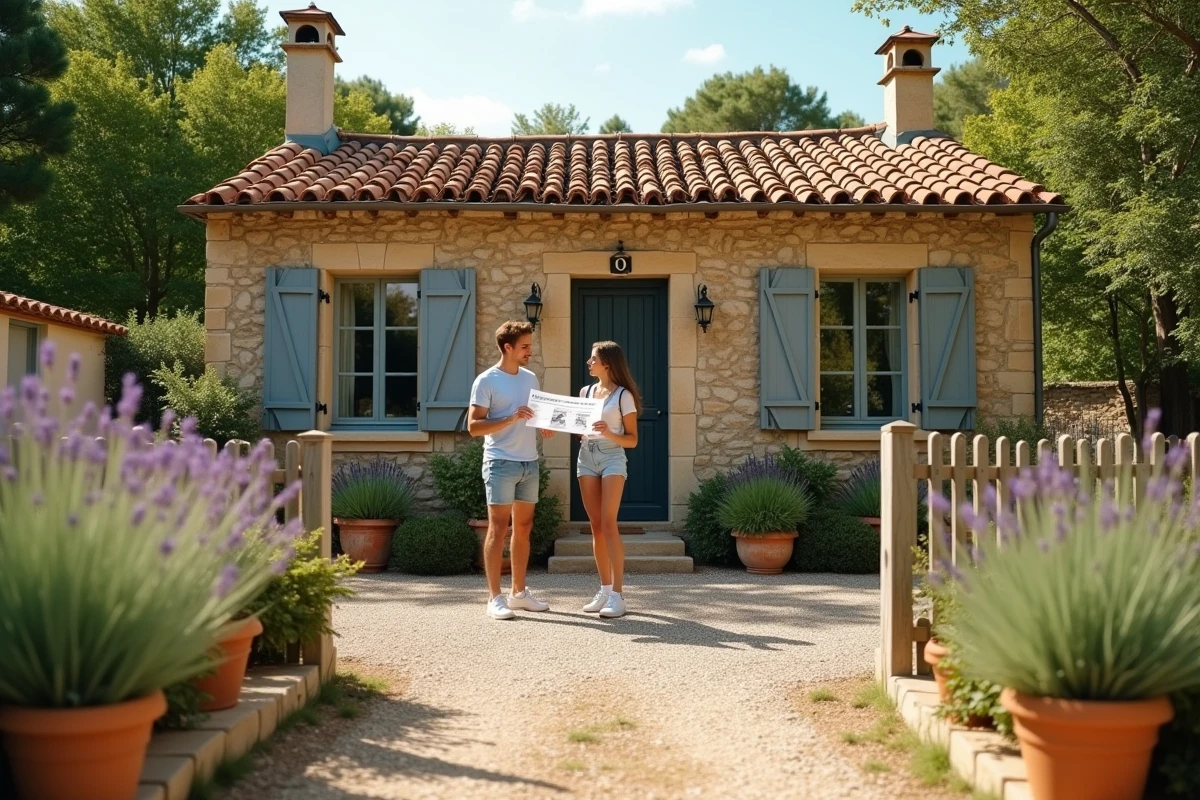 Couple devant une petite maison avec jardin à louer dans les Pyrénées-Orientales