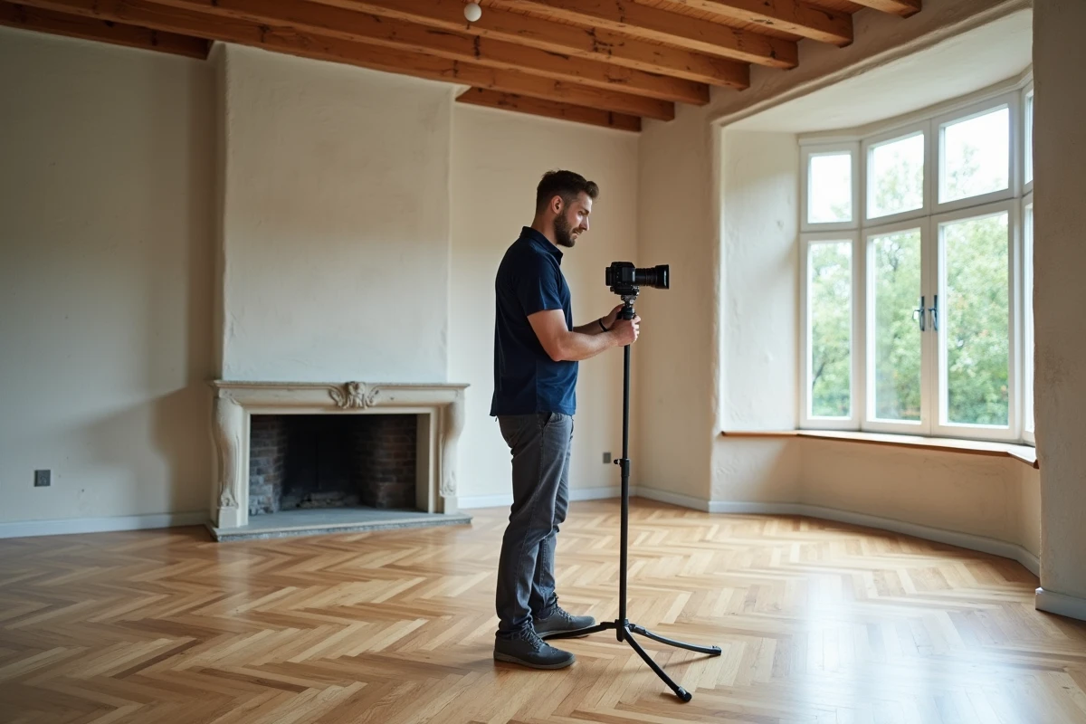 Photographe immobilier r&eacute;alisant une prise de vue 360 dans une maison r&eacute;nov&eacute;e avec cam&eacute;ra professionnelle