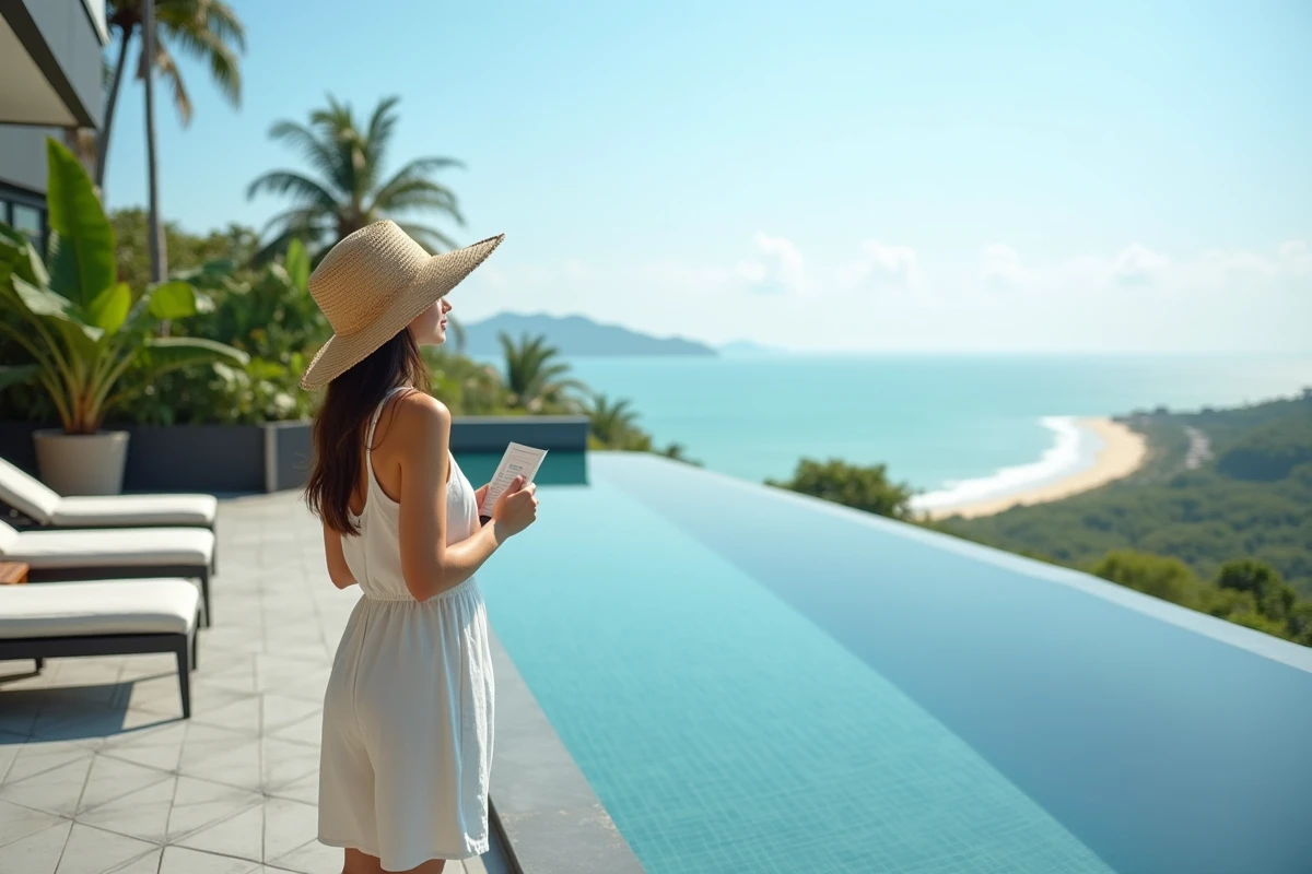 Femme contemplant la vue mer depuis la piscine sur le toit d'un condominium en Thaïlande