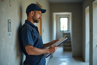 Plombier homme en overalls bleus dans un couloir d'immeuble