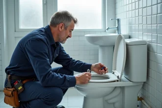 Plombier inspectant un robinet flotteur dans une chasse d'eau de toilettes dans une salle de bain moderne