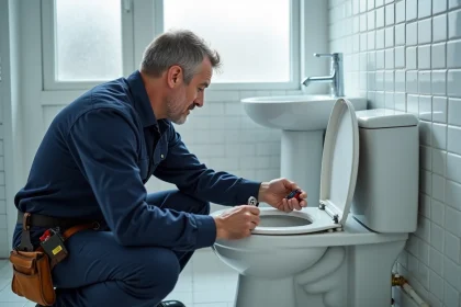 Plombier inspectant un robinet flotteur dans une chasse d'eau de toilettes dans une salle de bain moderne