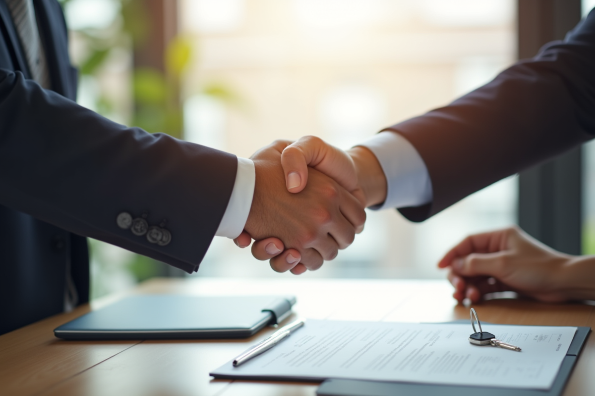 Poignee entre propriétaire et locataire avec contrat et clés dans un bureau lumineux