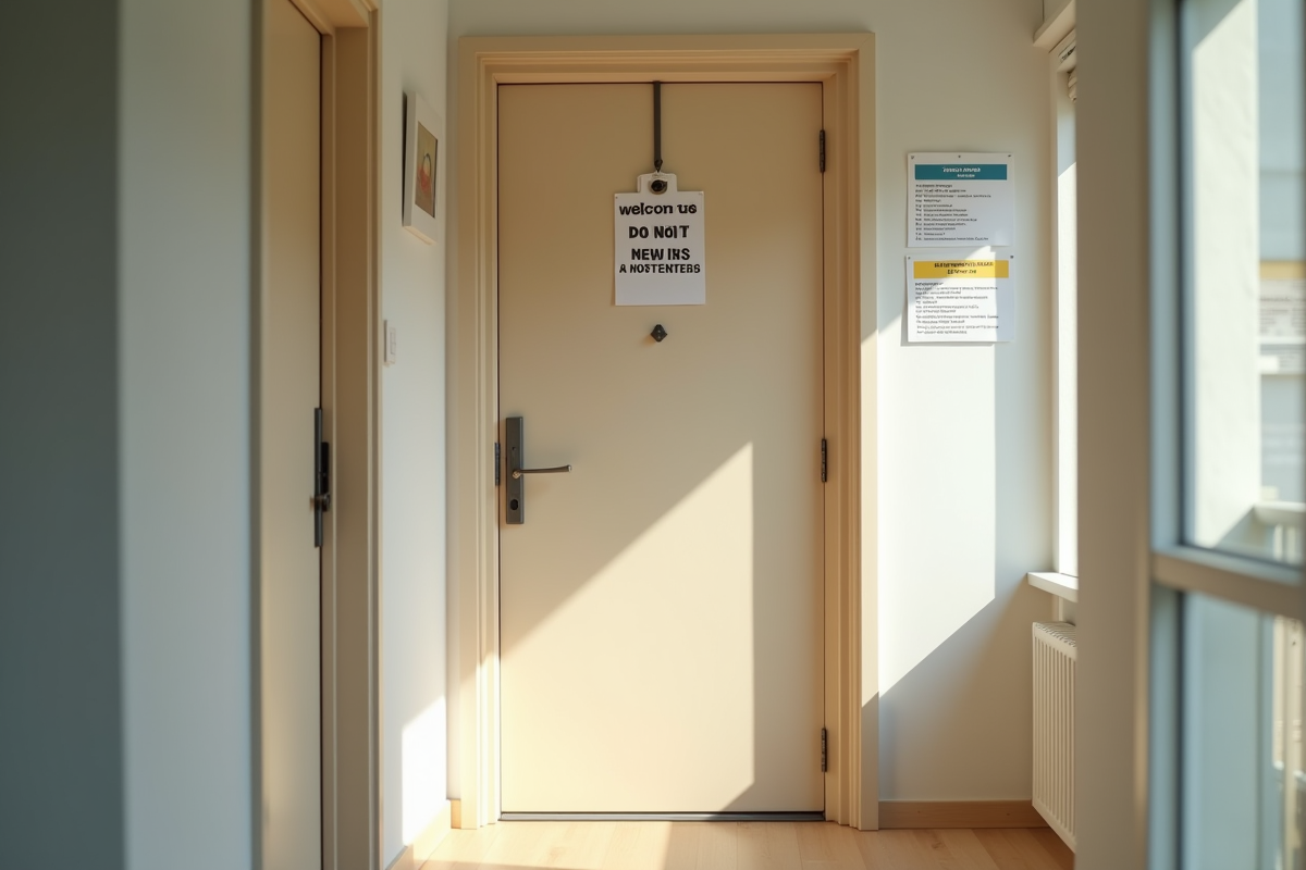 Porte d appartement dans un couloir éclairé avec avis et règles