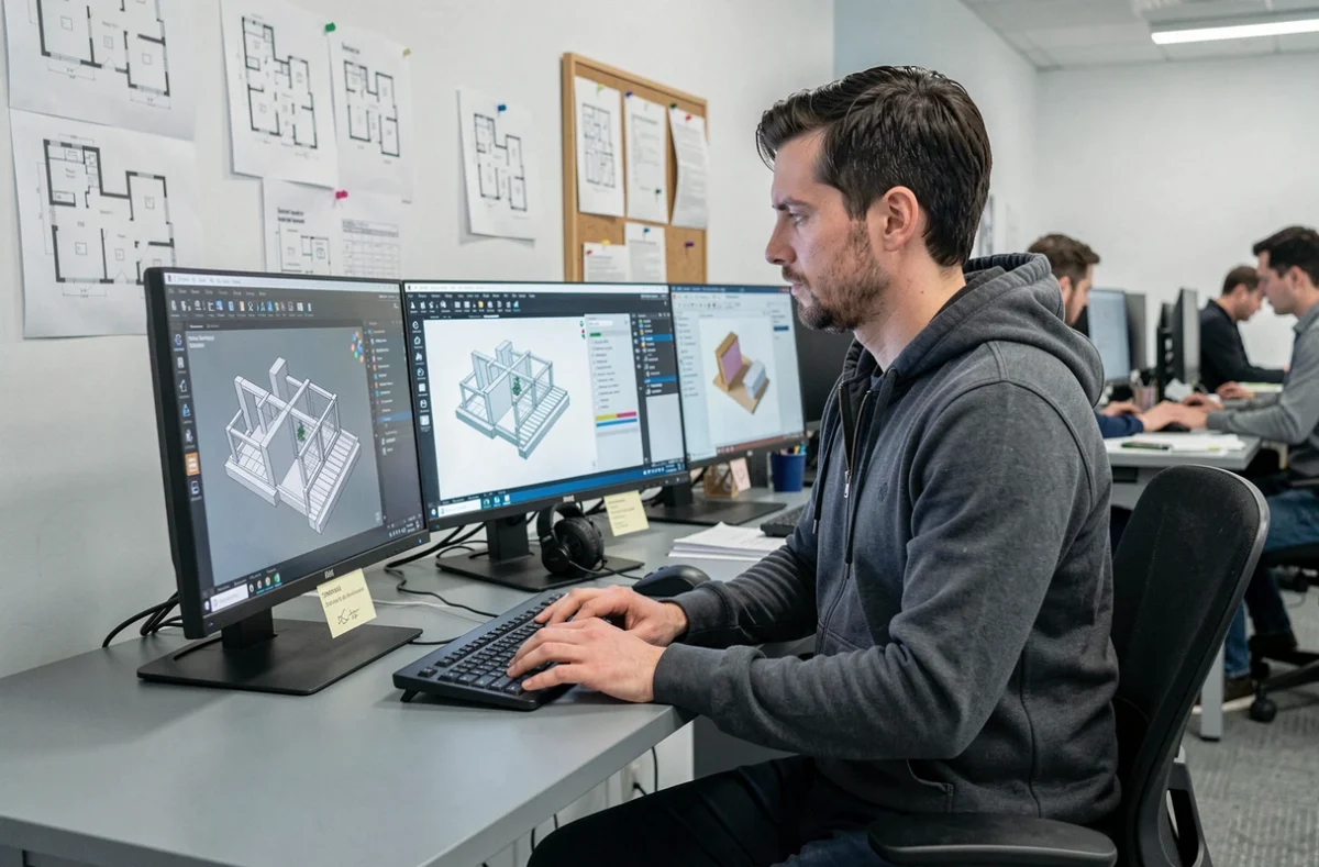 Architecte de Pownod travaillant sur un logiciel BIM sur double écran dans un studio d'architecture moderne