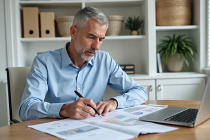 Professionnel immobilier calculant le forfait travaux pour estimer la plus-value immobilière sur des documents imprimés