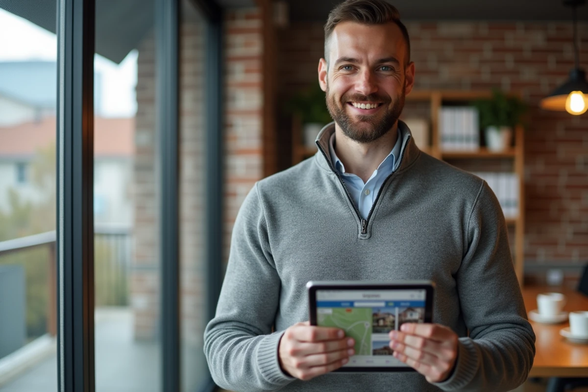 Professionnel de l'immobilier consultant une plateforme de recherche de biens sur tablette dans un espace de coworking